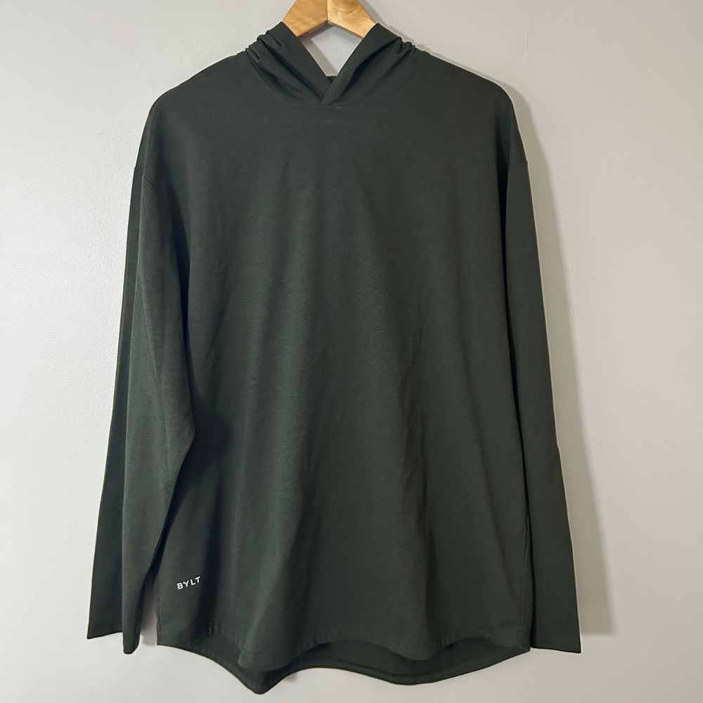 BYLT Hoodie Mens XXL Dark Olive Green Curved Hem Stretch Pullover Premium Basics